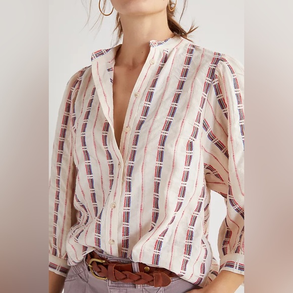 Pilcro x Anthropologie Bella Femme Embroidered Button Down Boho Puff Sleeve Top - Picture 9 of 11